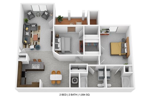 Floor plan for 2 beds, 2 baths, 1094 sqft